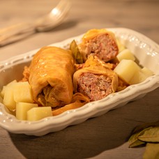 Menu: Sarma (minced meat sour cabbage rolls) and cooked potatoes for 2 persons