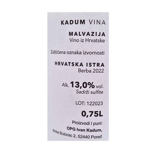 Malvazija Kadum 0,75 l