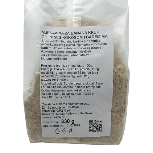 Mješavina za banana kruh s kokosom i bademima Artisana 300 g
