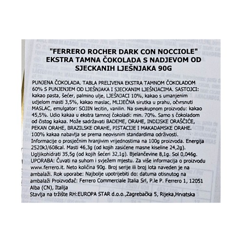 Čokolada Ferrero Rocher esktra tamna s lješnjacima 90 g