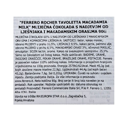 Čokolada Ferrero Rocher makadamija 90 g