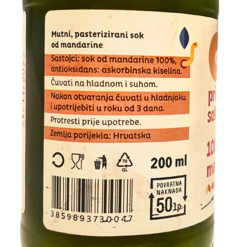 Natural juice 100% tangerine GUUC 0,2 l