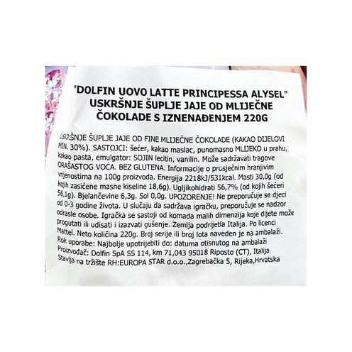 Chocolate egg Alysel Dolfin 220 g