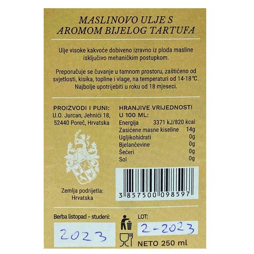 Extra virgin olive oil with white truffle aroma 0,25 l