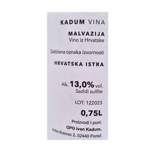 Malvazija 2023 Kadum 0,75 l