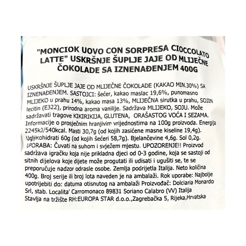 Čokoladno jaje Monciok 400 g