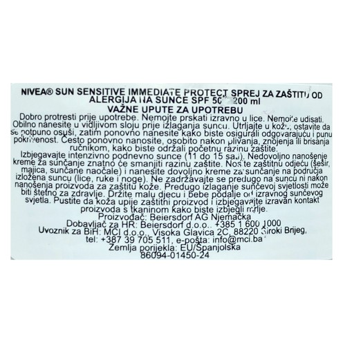 Nivea Sun Sensitive Immediate Protect spray SPF 50 200 ml