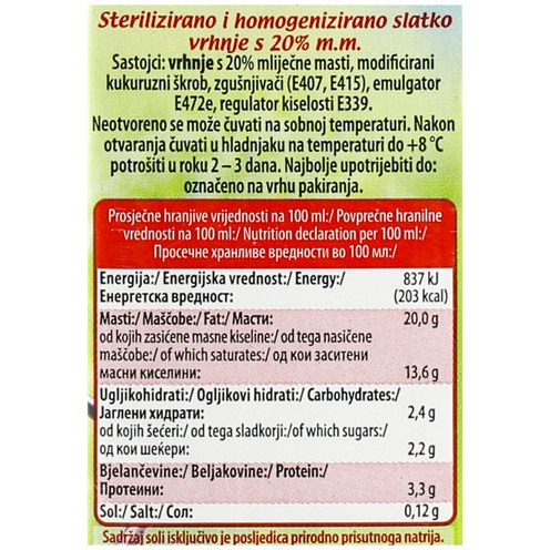 Vrhnje za kuhanje 20% m.m. 200 ml