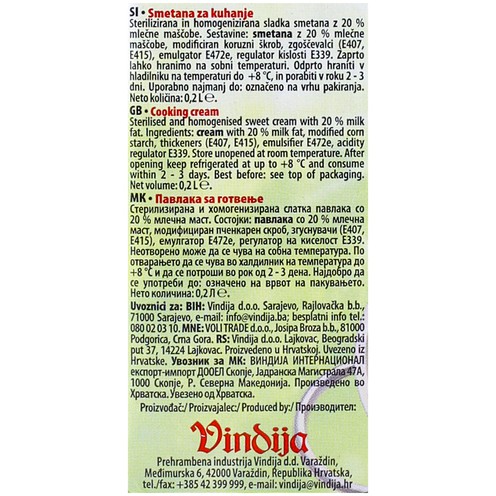Vrhnje za kuhanje 20% m.m. 200 ml
