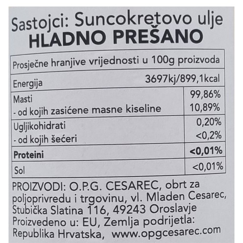 Suncokretovo ulje hladno prešano 0,25 l
