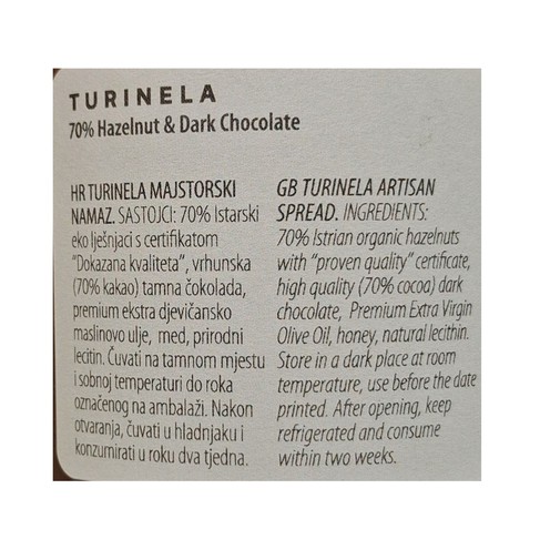 Turinela 70% Haselnuss- und Zartbitterschokoladenaufstrich 200 g